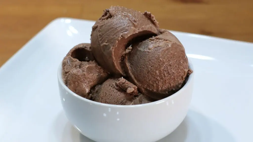 bowl of homemade chocolate ice cream sitting on a white plate