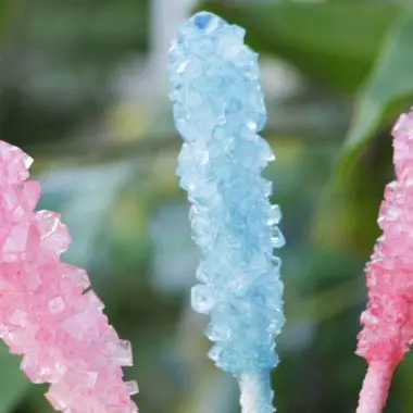 homemade rock candy with green plants behind it.