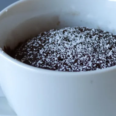 chocolate mug cake in white mug