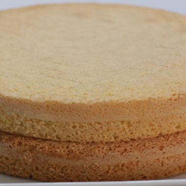 easy 3-ingredient sponge cake layered on a white plate