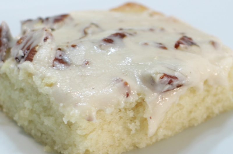 White Texas sheet cake on a plate
