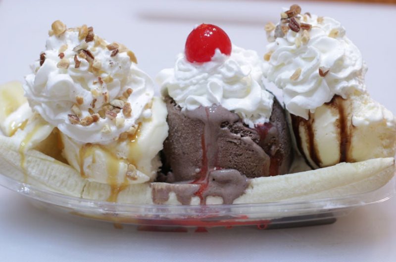 Banana split on a table