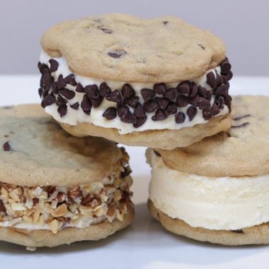 Ice cream cookie sandwich chipwich stacked on a white plate