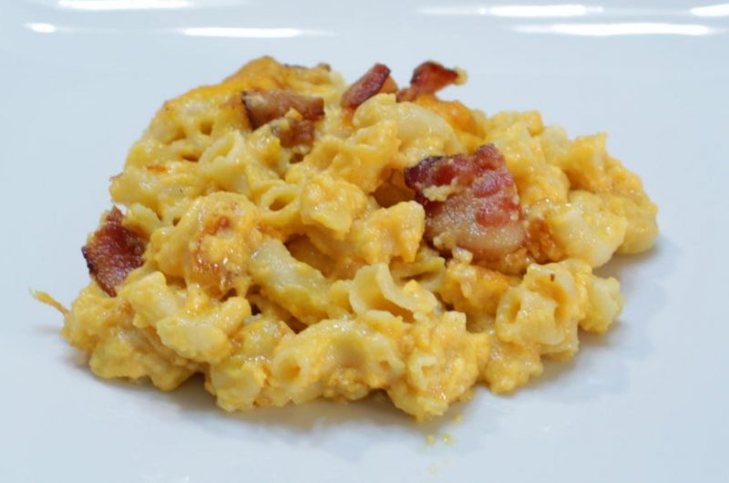 Plate of homemade mac and cheese with bacon