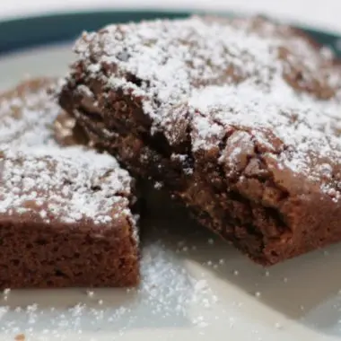 Two homemade brownies with powdered sugar on a plate.