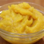 Glass bowl full of fresh homemade pumpkin puree