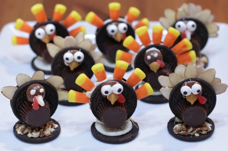 several Oreo Turkeys on a white plate
