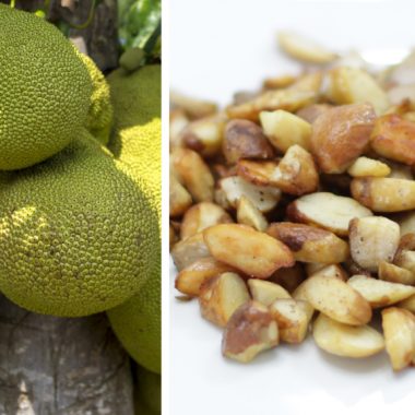 Hanging jackfruit next to jackfruit seeds