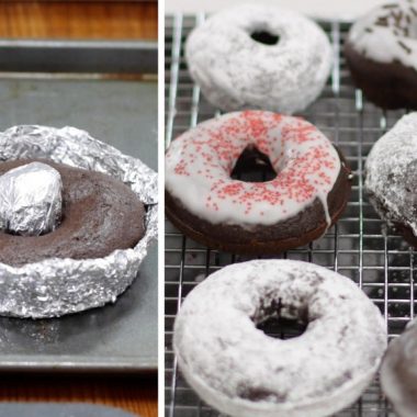 homemade donut pan on a baking sheet next to baked chocolate cake donuts