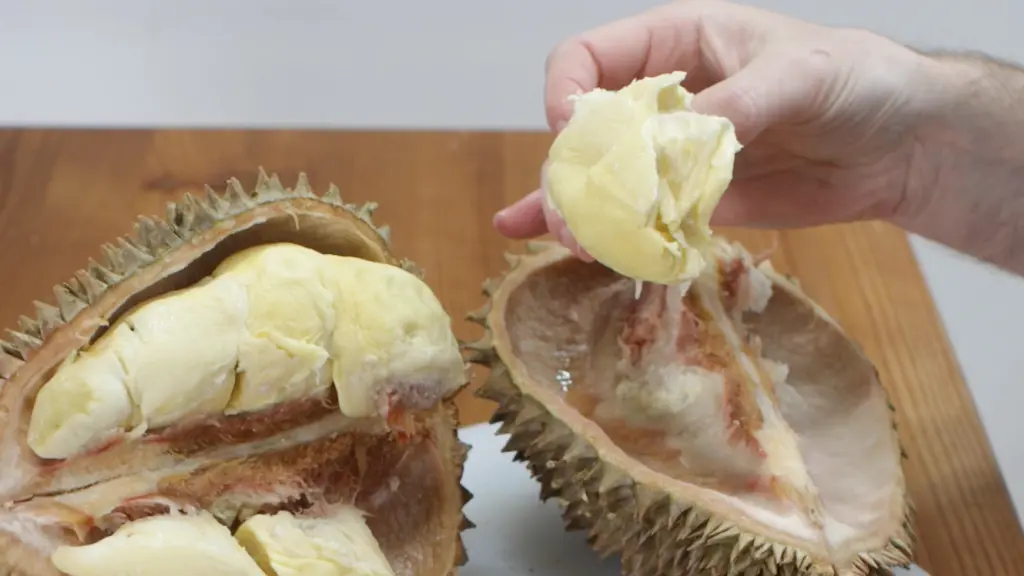 Hand holding the durian flesh