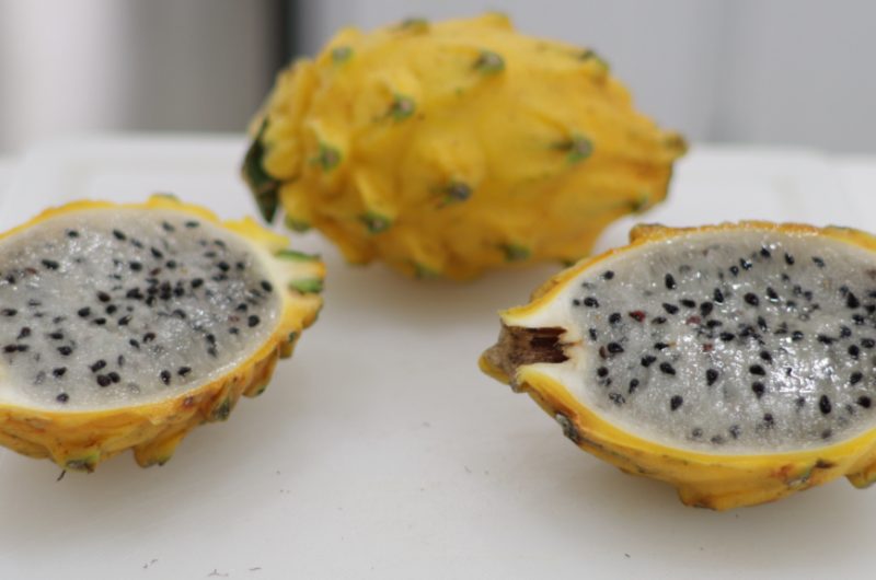 Sliced in half yellow dragon fruit pitaya pitahaya