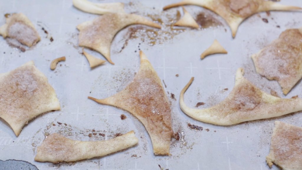 Pie crust scrapes baked with cinnamon and sugar