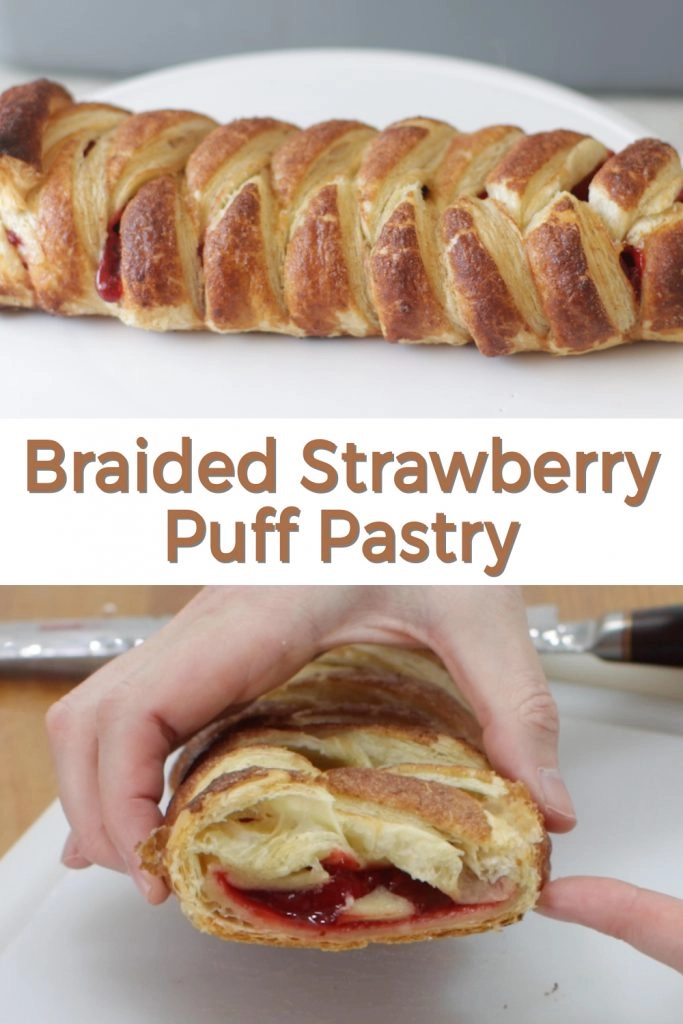Braided strawberry puff pastry pin for Pinterest.