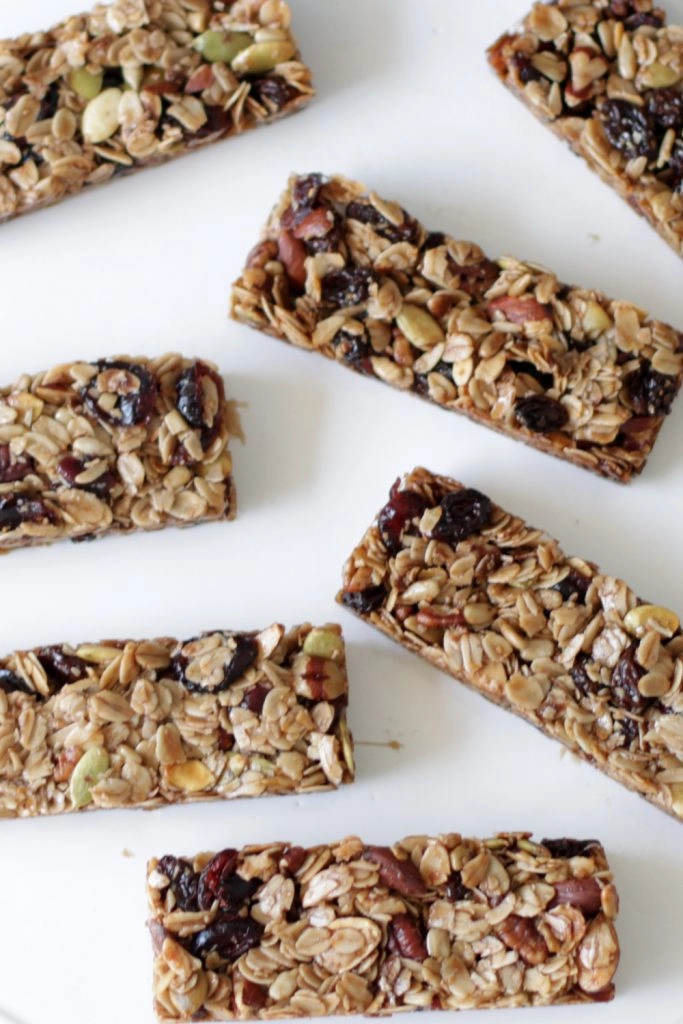 Homemade granola bars on a white plate