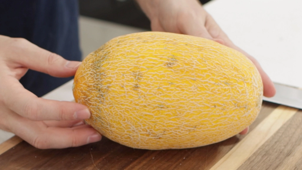 Hami melon cut in half on a cutting board