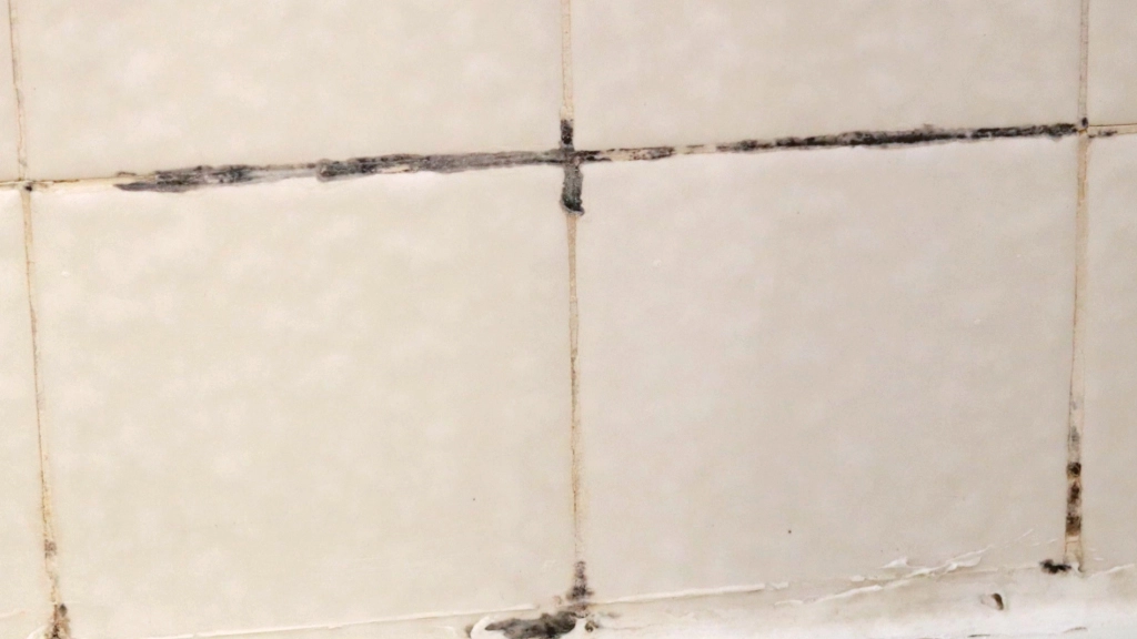Schwarz form auf dusche fliesen in bad.