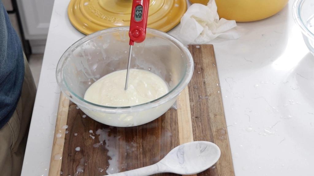 Hand checking the temp of homemade mozzarella cheese with a red thermometer.