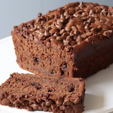 chocolate banana bread on a white plate.