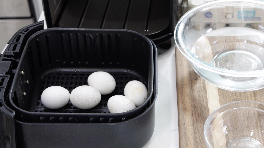 Cooked air fryer hard boiled eggs in basket