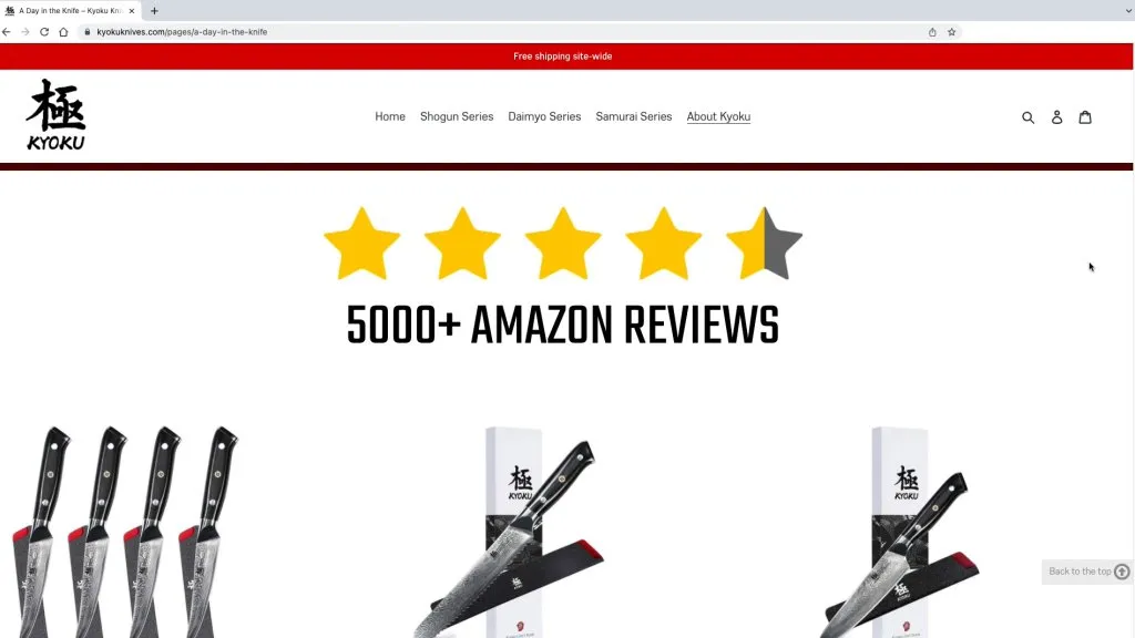 Kyoku knives website featuring 5000+ Amazon reviews.