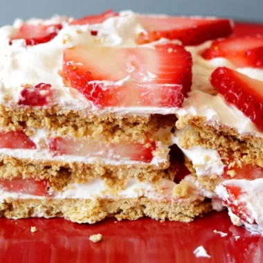 strawberry icebox cake only 3 ingredients on a red plate.