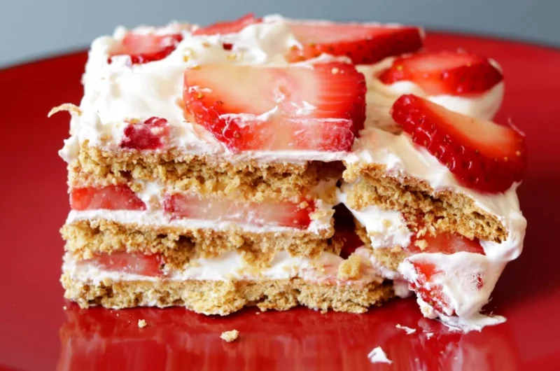 strawberry icebox cake only 3 ingredients on a red plate.