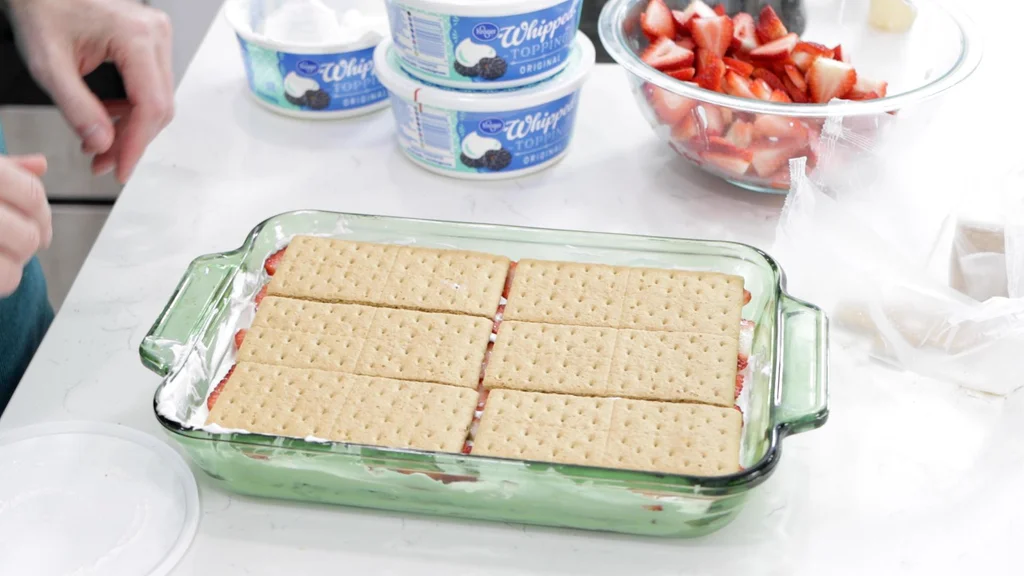Final layer of graham crackers in the icebox cake.