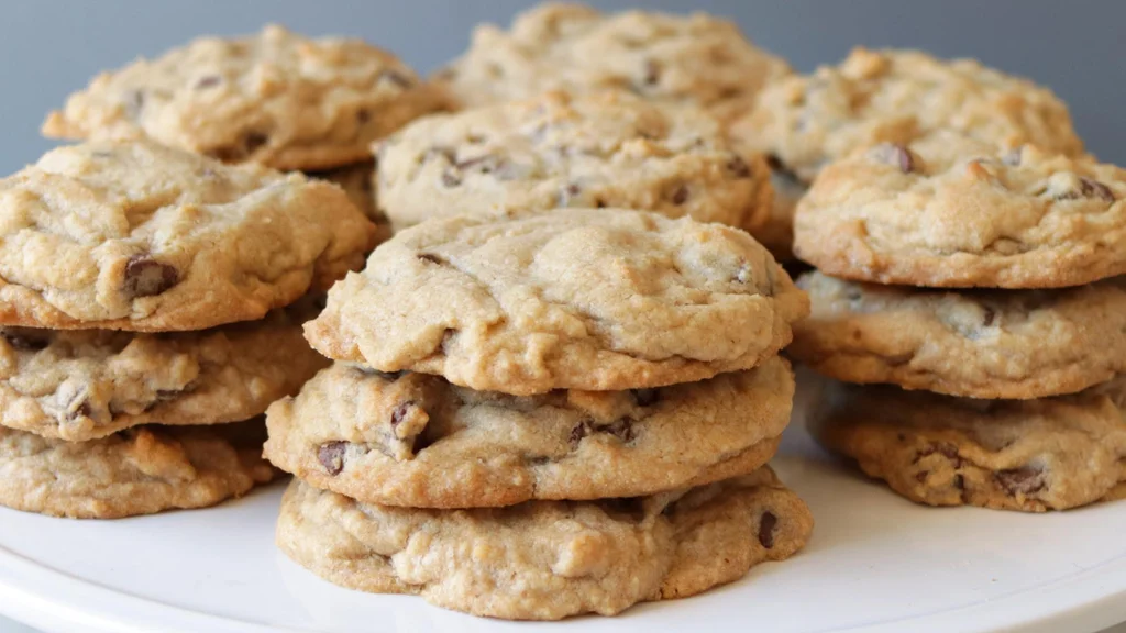 Stacks of homemade chewy chocolate chip cookies on a white plate.