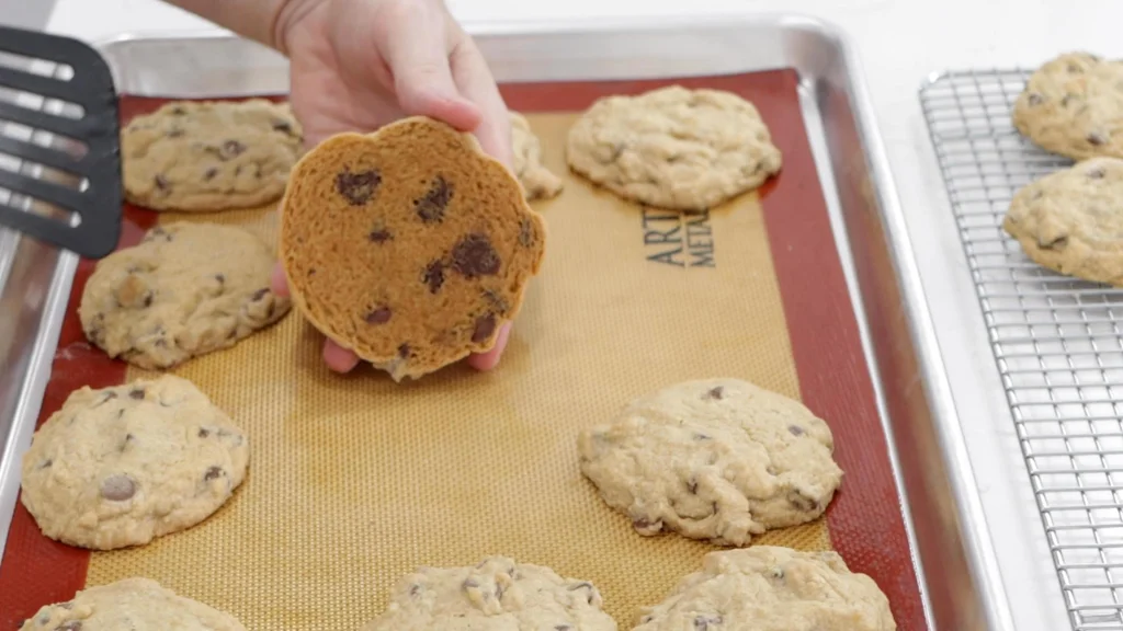 Hand holding a chocolate chip cookie so you can see the bottom of it.