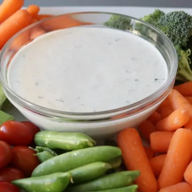 Bowl of homemade ranch dressing surrounded by fresh veggies