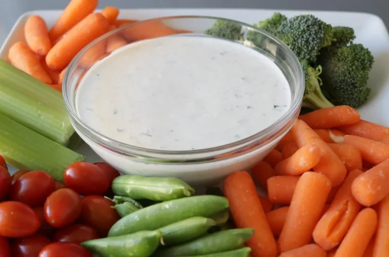 Bowl of homemade ranch dressing surrounded by fresh veggies