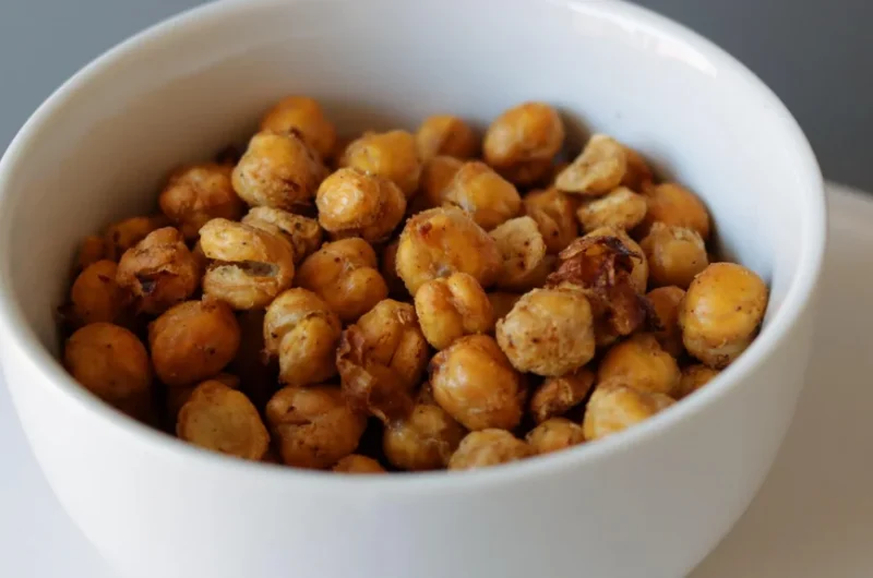 White bowl full of crispy crunchy chickpeas