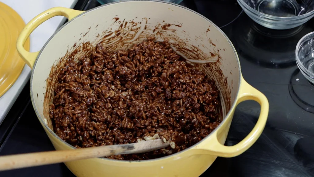 Large pot of chocolate crackles mixture.