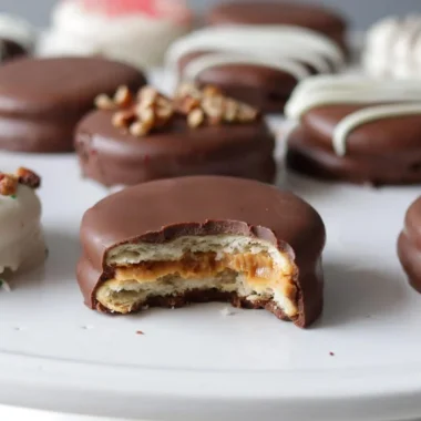 Plate of chocolate covered peanut butter Ritz cracker treats.