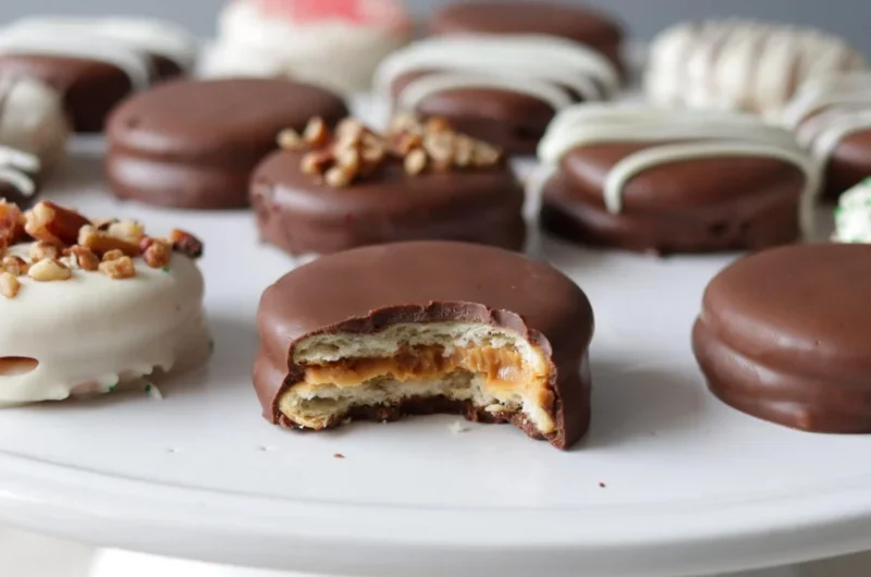 Plate of chocolate covered peanut butter Ritz cracker treats.