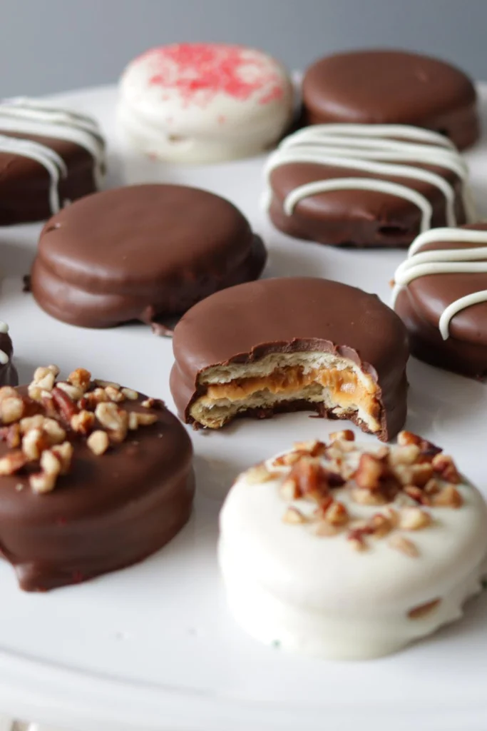 Chocolate covered peanut butter Ritz crackers on a white plate.