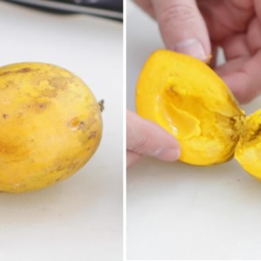 egg fruit on a white cutting board.