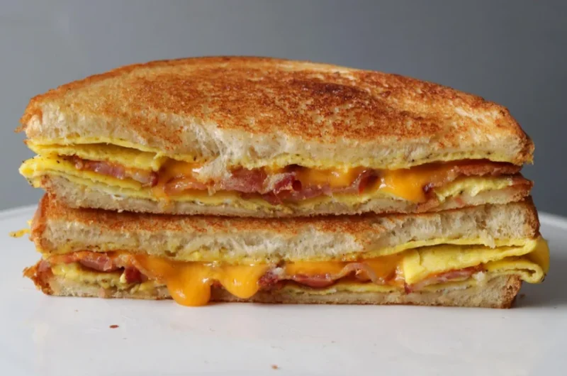 Bacon egg and cheese sandwich on top of a white plate.