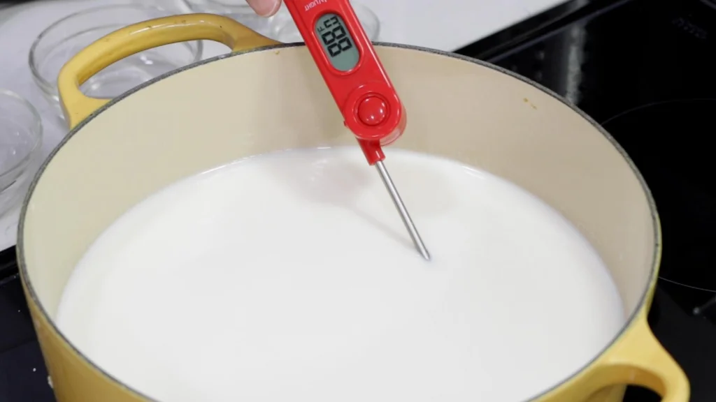 Thermometer in a pot of milk