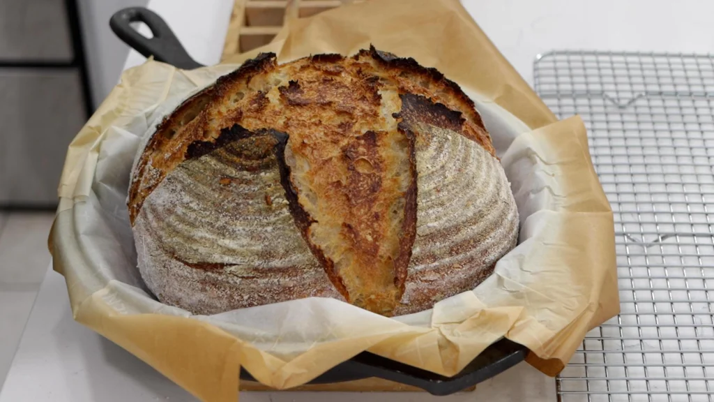 Freshly baked homemade sourdough bread.