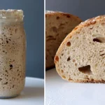 Sourdough starter next to sourdough bread