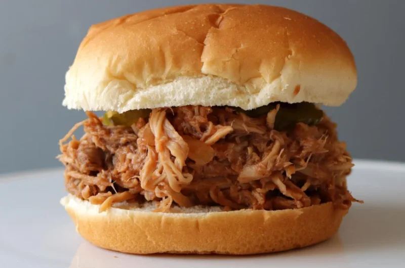 Pulled pork sandwich on a white plate.