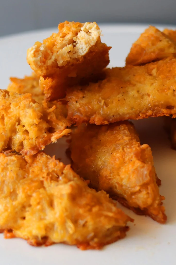 Homemade chicken tenders piled on a white plate.