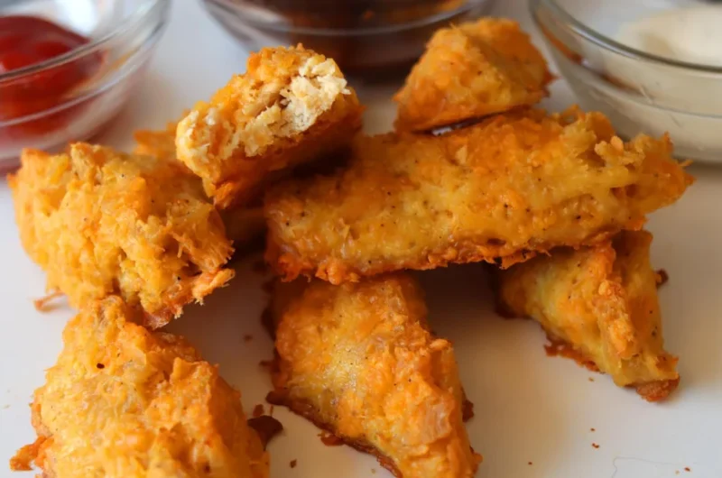 Homemade chicken fingers on a white plate.