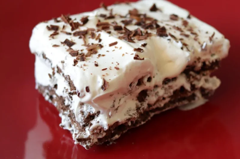 Slice of chocolate icebox cake on a red plate.