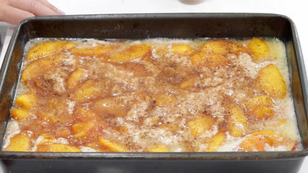 Peach cobbler ready to be baked. 