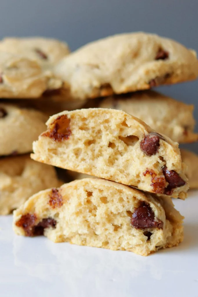 Fluffy cottage cheese chocolate chip cookies on a white plate. Fluffy cottage cheese chocolate chip cookies on a white plate.