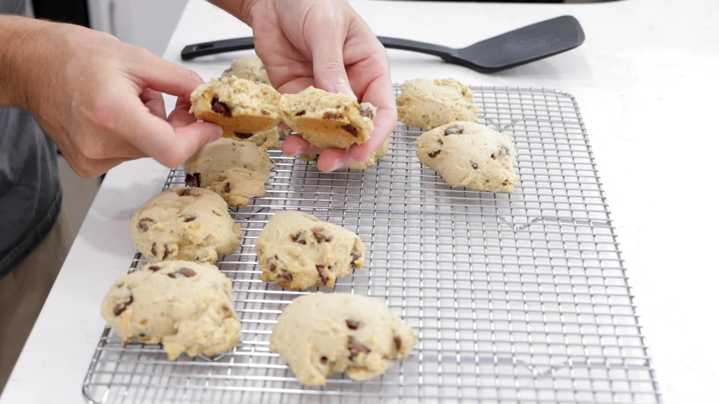 Finished cottage cheese chocolate chip cookies on a wire rack. Finished cottage cheese chocolate chip cookies on a wire rack.