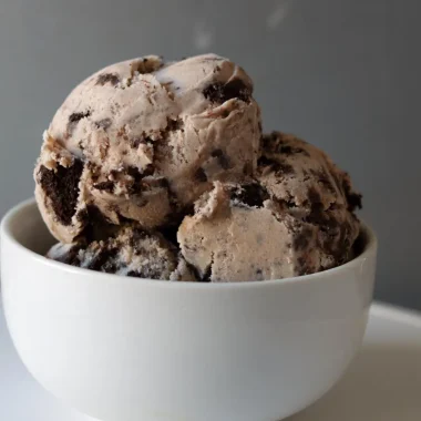 A bowl of homemade cookies and cream ice cream.